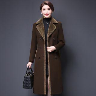 Double Breasted Faux Fur Trim Long Coat