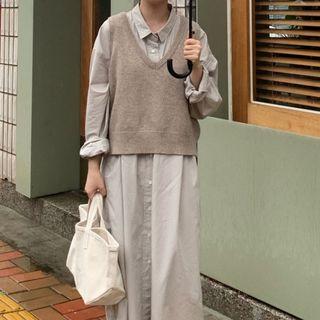 Hemp Shirt Dress / V-neck Knitted Vest
