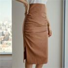 Slit-side Shirred Midi Skirt