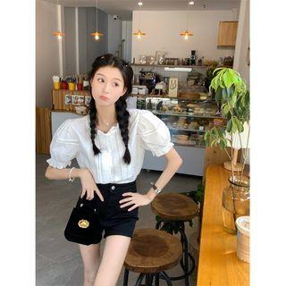 Puff-sleeve Short-sleeve Shirt Top Letter Embroidery - Normal - White - One Size