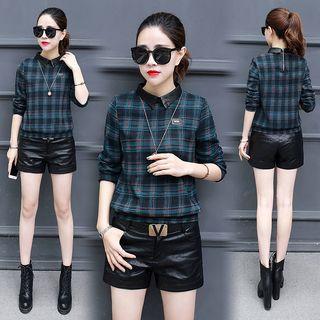 Contrast Collar Plaid Top