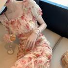 Puff-sleeve Shirred Floral Ruffle Hem Sheath Dress