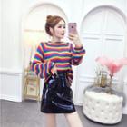 Striped Sweater / Faux Leather A-line Mini Skirt