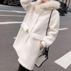 Furry Hood Button Coat Off-white - One Size