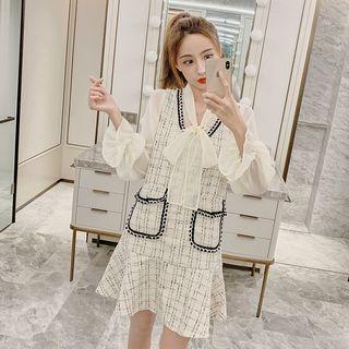Set: Tie-neck Ruffled Shirt + Sleeveless Check Dress
