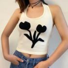 Flower Halter-neck Open Back Knit Top