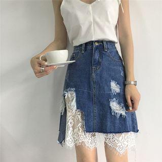Lace Panel Denim Midi Skirt