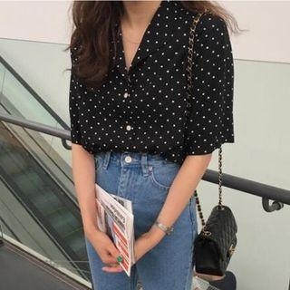 Dot Short-sleeve Top Black - One Size