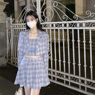 Plaid Cropped Blazer / Mini Skirt / Camisole Top / Set
