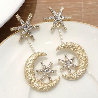 Rhinestone Moon & Star Dangle Earring 1 Pair - Silver Steel - Gold & Silver - One Size