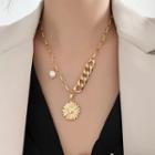 Flower Freshwater Pearl Pendant Alloy Necklace Gold - One Size