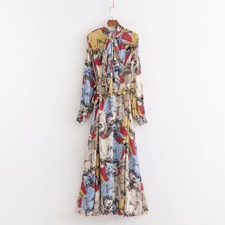 Tie-neck Long-sleeve Printed Midi A-line Dress