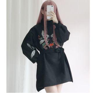 Crane Embroidered Tie-waist Pullover