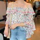 3/4-sleeve Off Shoulder Ruffled Floral Chiffon Top Floral - One Size