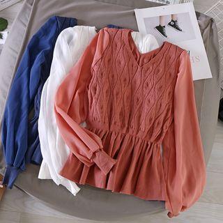 Lantern-sleeve Knit Panel Blouse