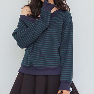 V-neck Striped Sweatshirt Green - One Size
