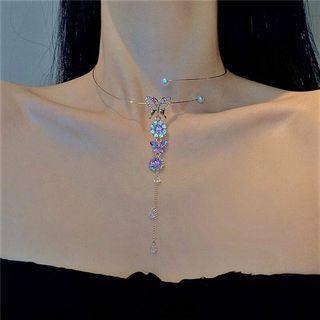Rhinestone Butterfly Choker Necklace Gold - One Size