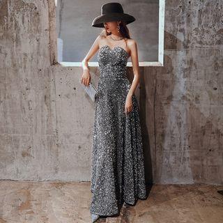 Strapless Glittered Evening Gown