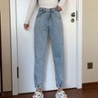 Washed Straight-cut Ripped Cropped Jeans
