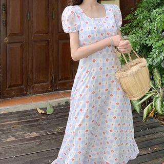 Puff-sleeve Square Neck Pattern Dress Blue - One Size