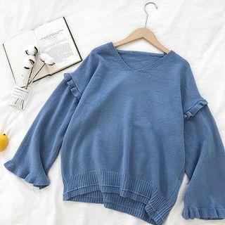 Plain Ruffled-trim V-neck Flare-sleeve Sweater
