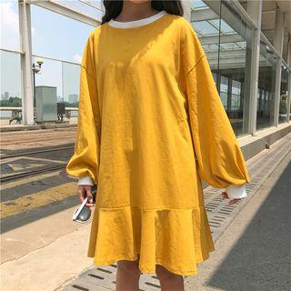 Plain Loose-fit Puff-sleeve A-line Dress