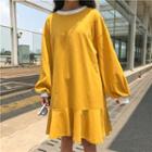 Plain Loose-fit Puff-sleeve A-line Dress