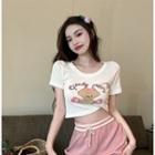 Cartoon Print Cropped T-shirt T-shirt - White & Brown & Pink - One Size