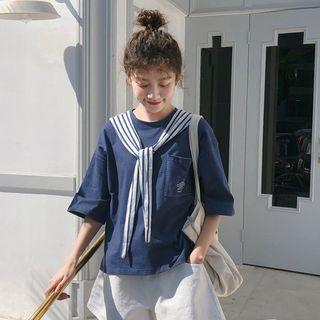 3/4-sleeve Striped Paneled T-shirt Sapphire Blue - One Size