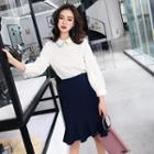 Set: Layered Collar Long-sleeve Blouse + Ruffle Hem Skirt