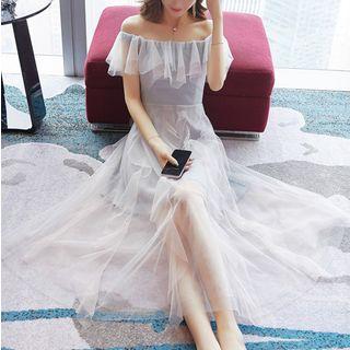 Short-sleeve Frilled Sheer Midi Dress