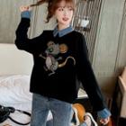 Mock Two-piece Rhinestone Mouse Pullover