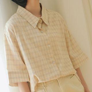 Color-block Check Short-sleeve Blouse