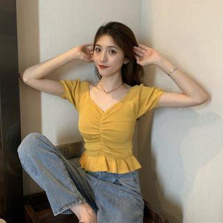 Short-sleeve Shirred Peplum Blouse