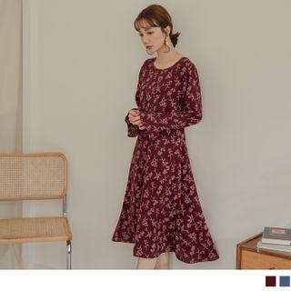 Cutout Back Leaf Print Long Sleeve A-line Dress
