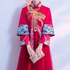 Embroidered 3/4 Sleeve Mandarin Collar Evening Gown