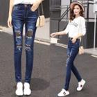 Washed Distressed Paneled Slim-fit Jeans