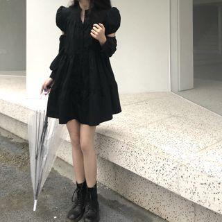 Cut-out Puff-sleeve Mini Shift Dress Dress - Black - One Size