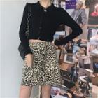 Cropped Cardigan / Leopard Print Mini A-line Skirt