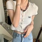 Short-sleeve Button-up Bow-embroidered T-shirt