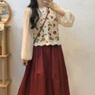 Floral Cardigan / Midi A-line Skirt / Set