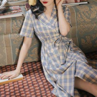 Short-sleeve Double-breasted Check Midi Sheath Blazer Dress