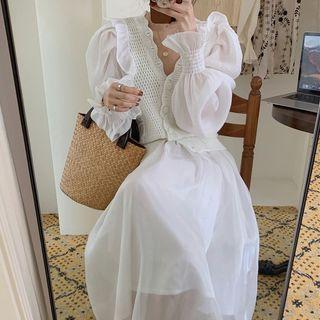 Puff-sleeve V-neck Knit Blouse / Overlay A-line Midi Skirt