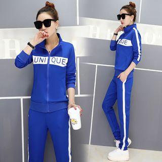 Set: Lettering Contrast Trim Zip Jacket + Sweatpants