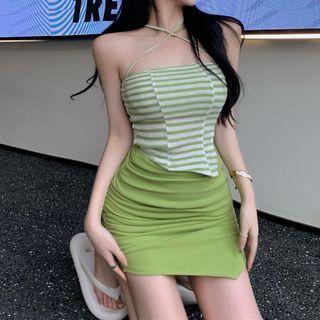 Halter Striped Camisole Top / Mini Skirt / Light Shirt Jacket