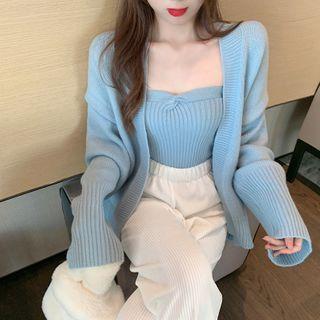 Tube Top / Open-front Cardigan / Wide Leg Pants