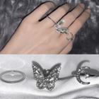 Set Of 3: Rhinestone Butterfly / Moon Open Ring / Polished Ring