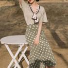Set: Elbow-sleeve T-shirt + Dotted A-line Midi Skirt