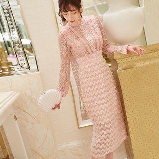 Lace Trim Long-sleeve Midi Sheath Dress