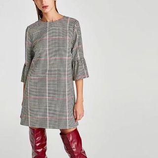 Bell-sleeve Houndstooth Plaid Sheath Dress